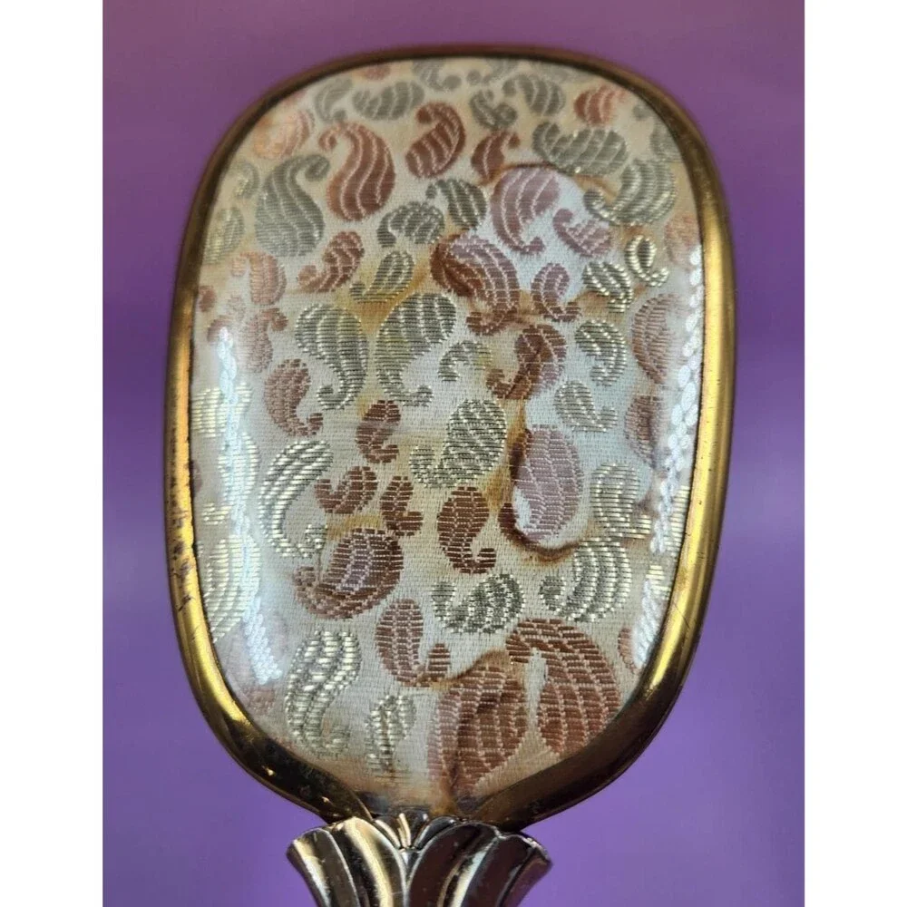 Mid-Century Gold-Tone Hand Mirror & Hairbrush Set Metallic Paisley Fabric Backs